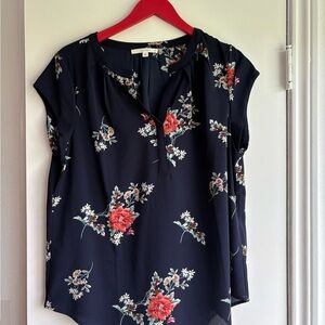 Navy Floral Blouse with Red Accents